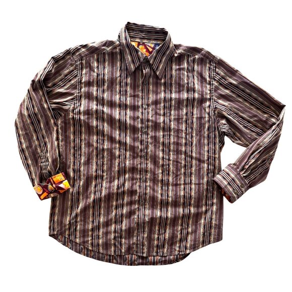 Robert Graham Mens XL Wavy Striped Geometric Flip Cuff Cocktail Brown Multicolor - Picture 1 of 8